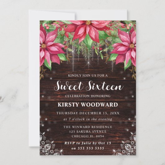 Rustic Wood & Poinsettia Sweet Sixteen 招待状 (正面)