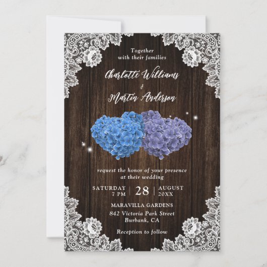 Rustic Wood Purple and Blue Floral Hearts Wedding 招待状 (正面)