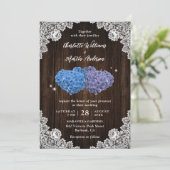 Rustic Wood Purple and Blue Floral Hearts Wedding 招待状 (スタンド正面)