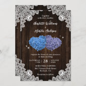 Rustic Wood Purple and Blue Floral Hearts Wedding 招待状 (正面/裏面)