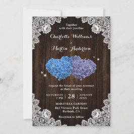 Rustic Wood Purple and Blue Floral Hearts Wedding 招待状