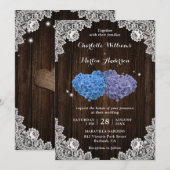 Rustic Wood Purple and Blue Floral Hearts Wedding 招待状 (正面/裏面)