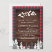 Rustic Wood Red Buffalo Plaid Mountain Wedding セーブザデート (正面)