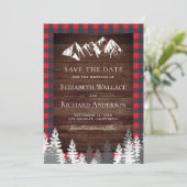 Rustic Wood Red Buffalo Plaid Mountain Wedding セーブザデート (スタンド正面)