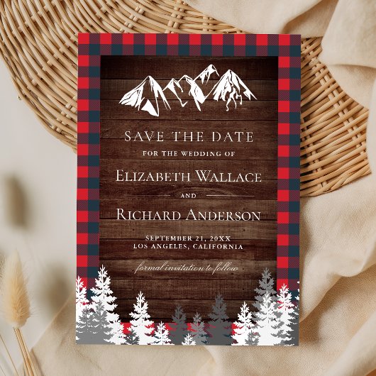 Rustic Wood Red Buffalo Plaid Mountain Wedding セーブザデート