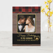 Rustic Wood Red Plaid Happy Birthday my Husband  カード (黄色い花)