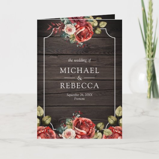 Rustic Wood Red Roses Floral Frame QR Code Wedding 招待状 (正面)