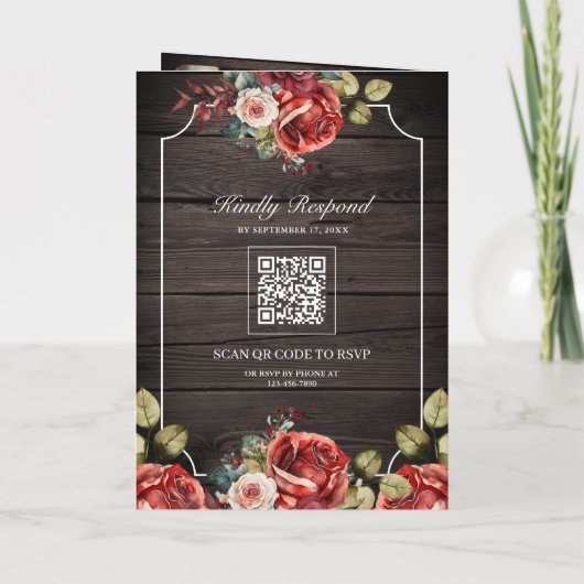 Rustic Wood Red Roses Floral Frame QR Code Wedding 招待状 (裏面)