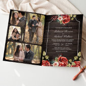 Rustic Wood Red Roses Floral Frame QR Code Wedding 招待状
