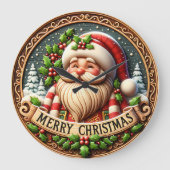 Rustic Wood Santa Merry ラージ壁時計 (正面)