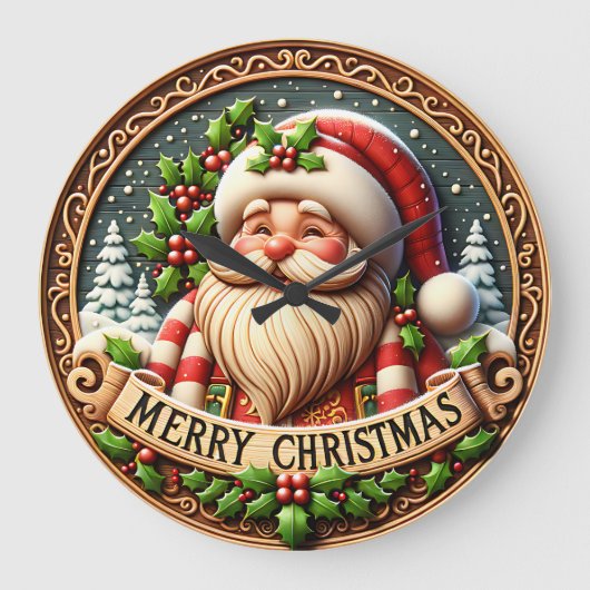 Rustic Wood Santa Merry ラージ壁時計 (正面)