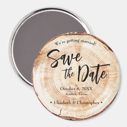 Rustic Wood Slice Custom Save the Date Wedding マグネット (正面/裏面)