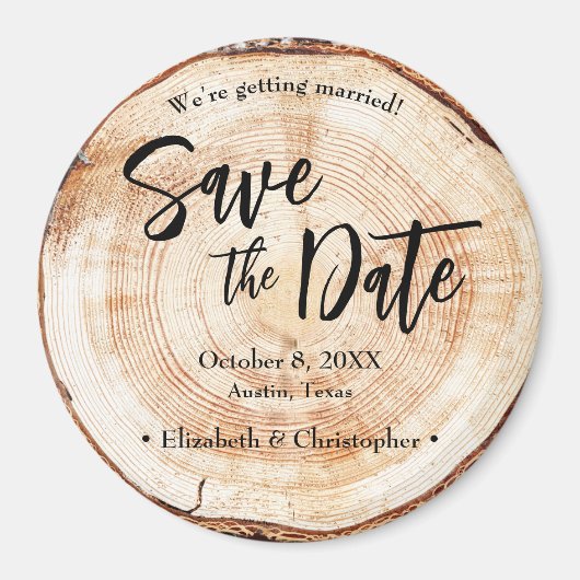 Rustic Wood Slice Custom Save the Date Wedding マグネット (正面)