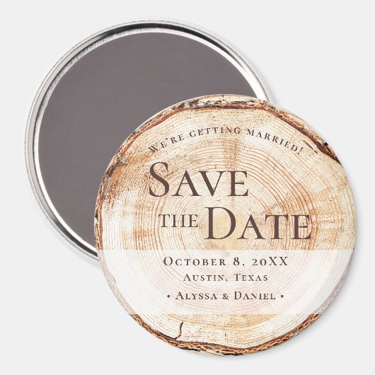Rustic Wood Slice Custom Save the Date Wedding マグネット (正面/裏面)