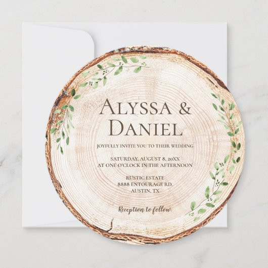 Rustic Wood Slice with Greenery woodland wedding 招待状 (正面)