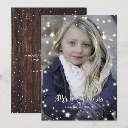 Rustic Wood Snow Stars Photo Christmas Cards シーズンカード (正面/裏面)