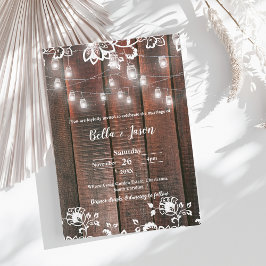 Rustic Wood String Light Barn Lace Country Wedding 招待状