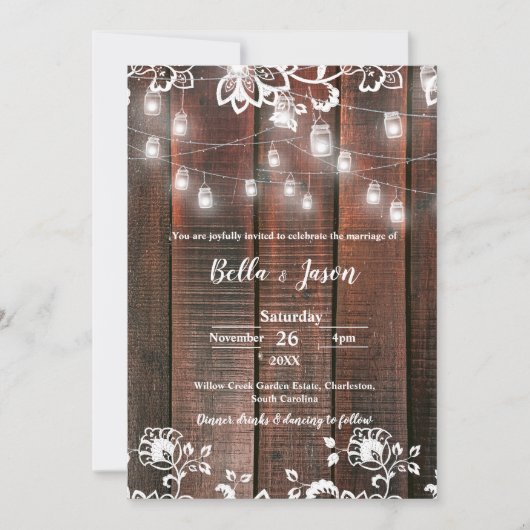 Rustic Wood String Light Barn Lace Country Wedding 招待状 (正面)