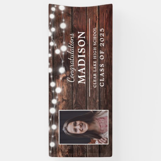 Rustic Wood String Lights 卒業写真 横断幕 (縦)
