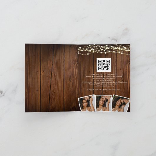 Rustic Wood String lights 3 Photos QR Code Wedding 招待状 (内部)