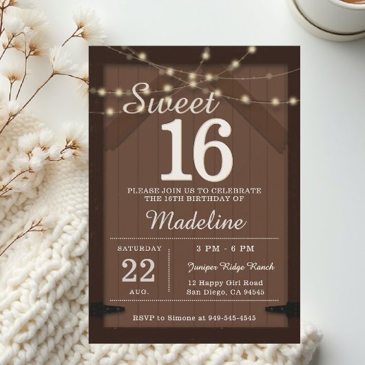 Rustic Wood String Lights Barn Door Chic Sweet 16 招待状