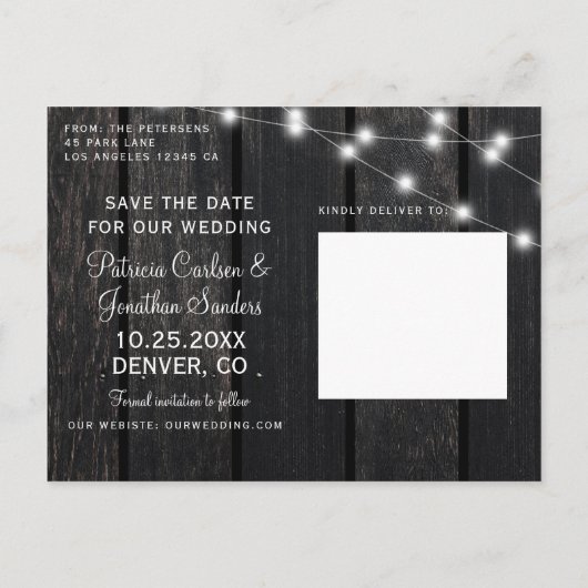 Rustic wood string lights barn save date wedding 案内ポストカード (裏面)