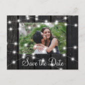 Rustic wood string lights barn save date wedding 案内ポストカード (正面)