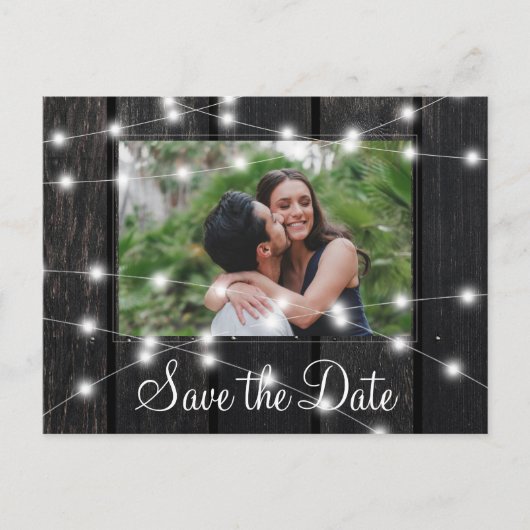 Rustic wood string lights barn save date wedding 案内ポストカード (正面)