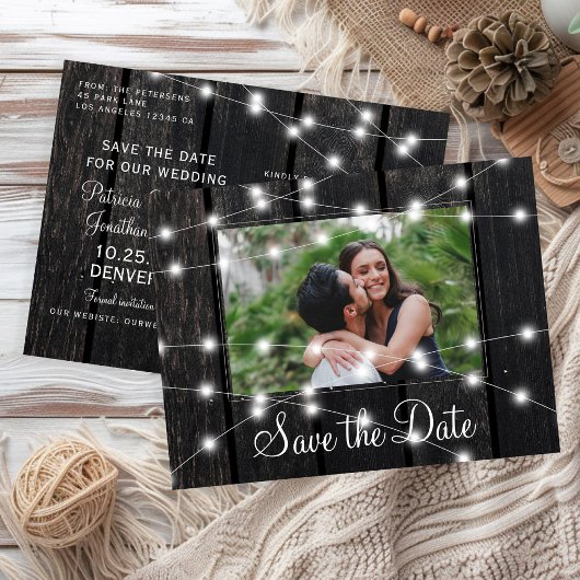 Rustic wood string lights barn save date wedding 案内ポストカード