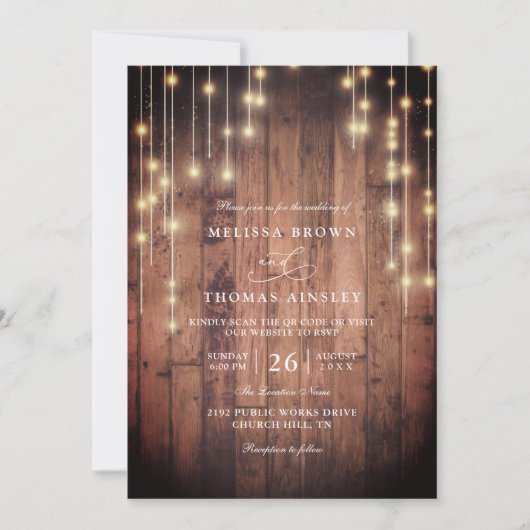 Rustic Wood String Lights Elegant QR Code Wedding 招待状 (正面)