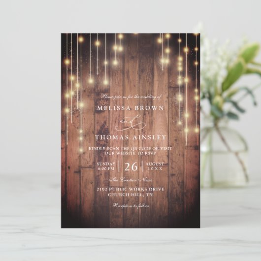 Rustic Wood String Lights Elegant QR Code Wedding 招待状 (スタンド正面)