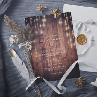 Rustic Wood String Lights Elegant QR Code Wedding 招待状