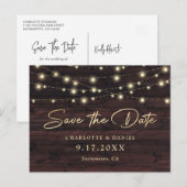 Rustic Wood String Lights Elegant Script Wedding 案内ポストカード (正面/裏面)