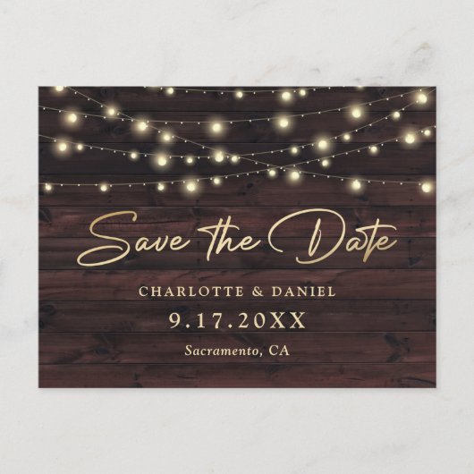 Rustic Wood String Lights Elegant Script Wedding 案内ポストカード (正面)