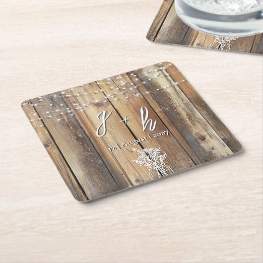 Rustic Wood String Lights Mason Jar Elegant Favors スクエアペーパーコースター (アングル)