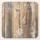 Rustic Wood String Lights Mason Jar Elegant Favors スクエアペーパーコースター (正面)
