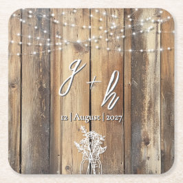 Rustic Wood String Lights Mason Jar Elegant Favors スクエアペーパーコースター