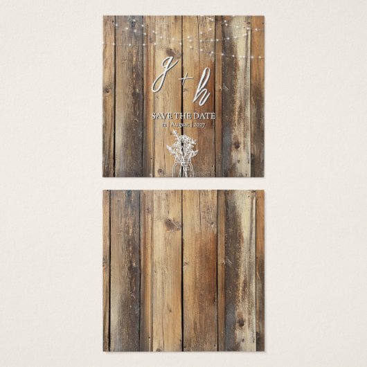 Rustic Wood String Lights Mason Jar Save the Dates (正面&裏面)