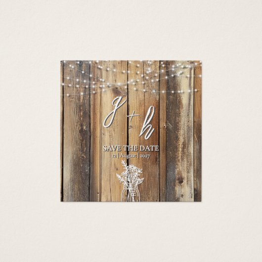 Rustic Wood String Lights Mason Jar Save the Dates (正面)