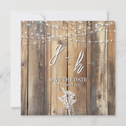 Rustic Wood String Lights Mason Jar Save the Dates (正面)