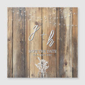 Rustic Wood String Lights Mason Jar Save the Dates (正面)