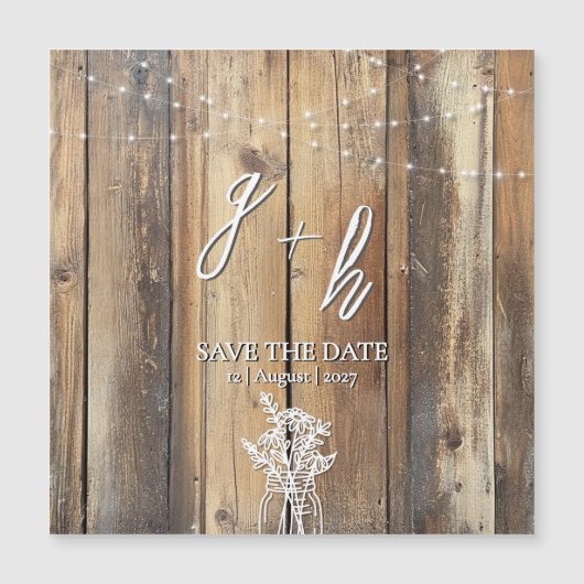 Rustic Wood String Lights Mason Jar Save the Dates (正面)