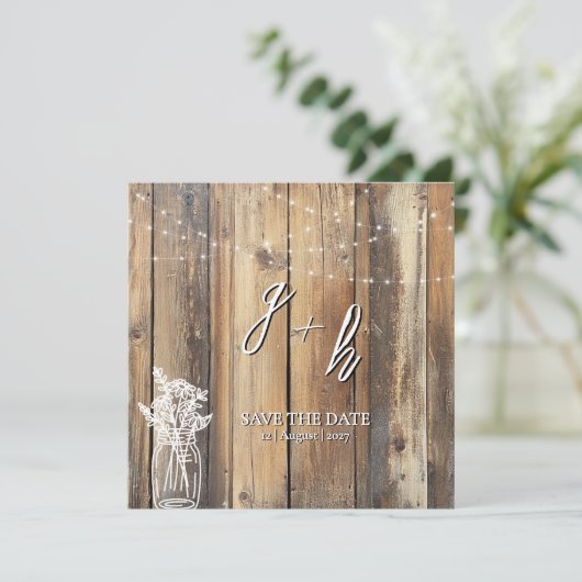 Rustic Wood String Lights Mason Jar Save the Dates (スタンド正面)