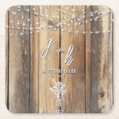 Rustic Wood String Lights Mason Jar Save the Dates スクエアペーパーコースター (正面)