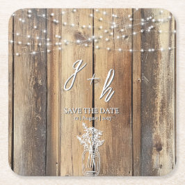 Rustic Wood String Lights Mason Jar Save the Dates スクエアペーパーコースター