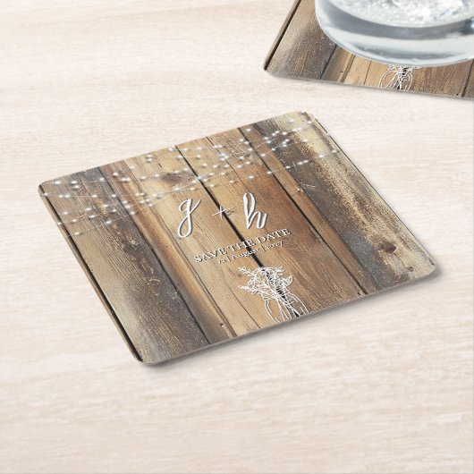 Rustic Wood String Lights Mason Jar Save the Dates スクエアペーパーコースター (アングル)