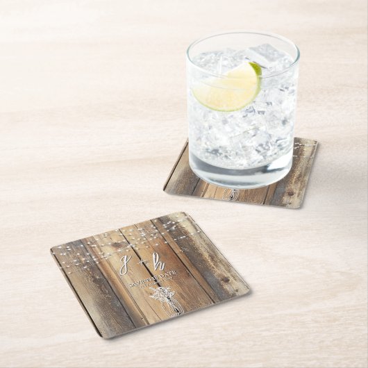 Rustic Wood String Lights Mason Jar Save the Dates スクエアペーパーコースター (インサイチュ)