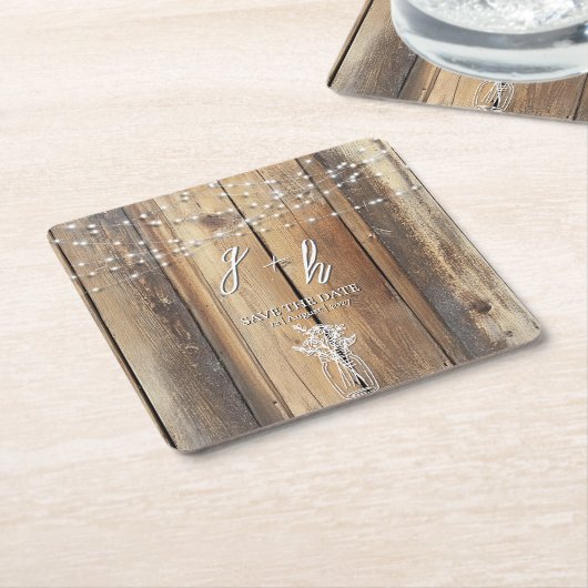 Rustic Wood String Lights Mason Jar Save the Dates スクエアペーパーコースター (アングル)