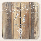Rustic Wood String Lights Mason Jar Save the Dates スクエアペーパーコースター (正面)