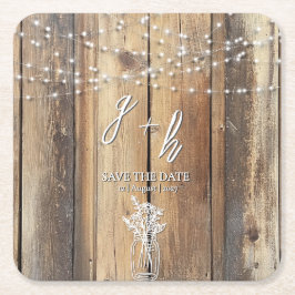 Rustic Wood String Lights Mason Jar Save the Dates スクエアペーパーコースター